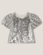 Sequin Puff Sleeve Top, Silver (SILVER), large