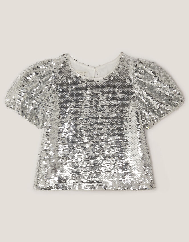Sequin Puff Sleeve Top, Silver (SILVER), large