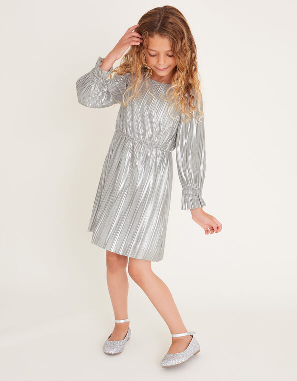 Long Sleeve Metallic Plisse Dress, Silver (SILVER), large