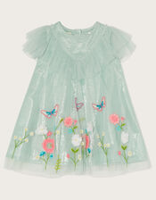 Baby Ruffle Front Embroidered Mesh Dress, Green (GREEN), large