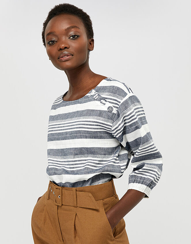 Brooke Stripe Blouse in Linen and Organic Cotton, Blue (NAVY), large