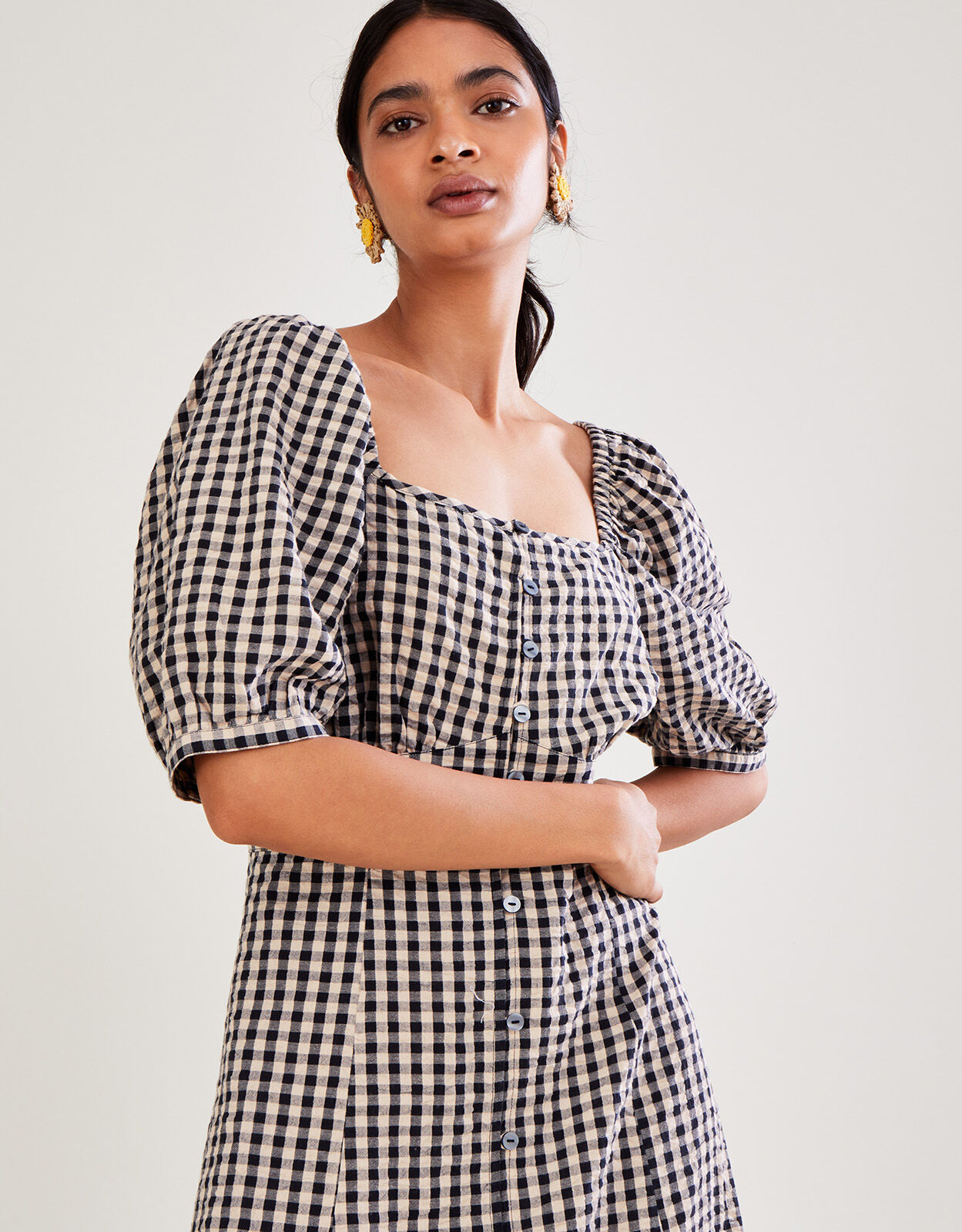 Check Print Button Through Midi Dress Brown