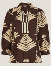 Pamela Linen Blend Leaf Print Top, Brown (CHOCOLATE), large