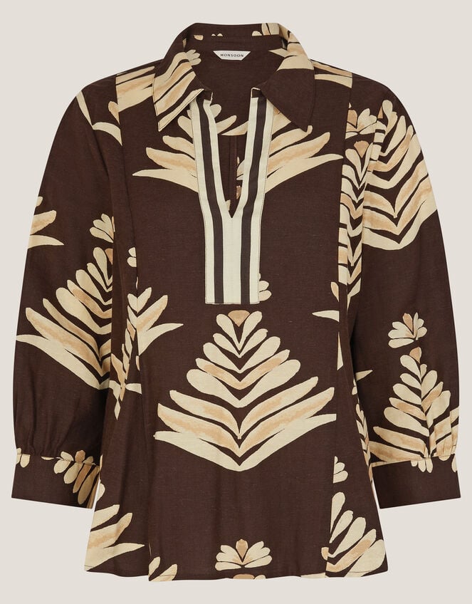 Pamela Linen Blend Leaf Print Top, Brown (CHOCOLATE), large