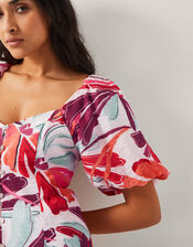 Elana Floral Puff-Sleeve Midi Dress, Ivory (IVORY), large