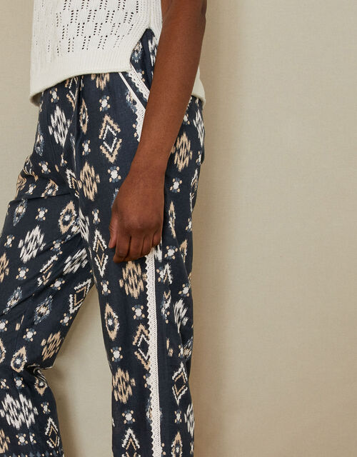 Ikat Print Pull On Trousers in Sustainable Cotton, Blue (NAVY), large