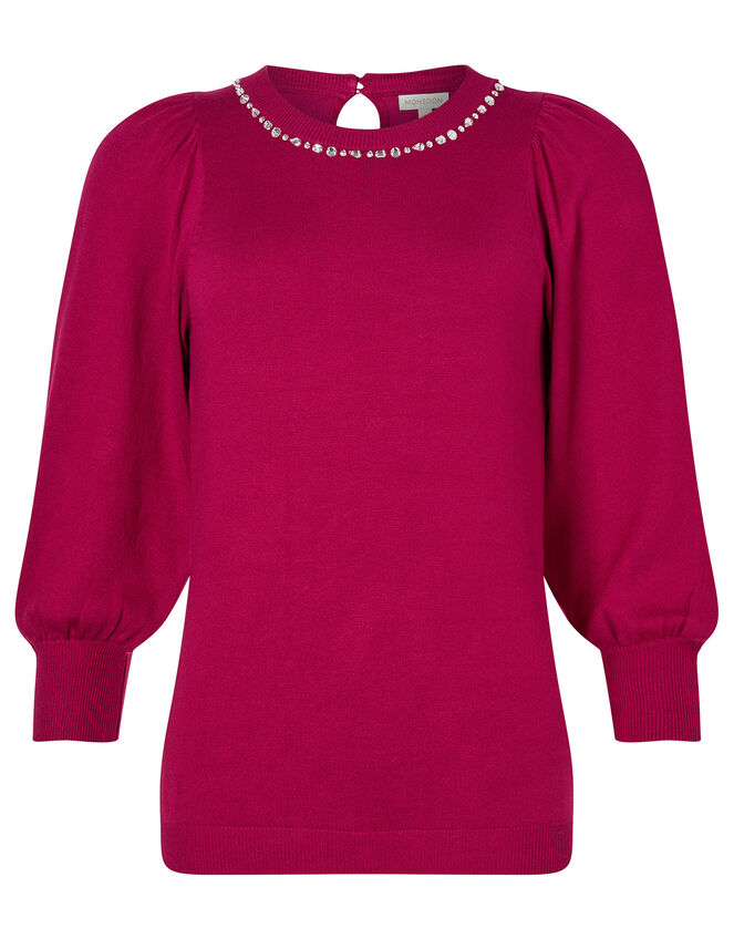 Crystal Neckline Jumper with Sustainable Viscose, Red (BERRY), large
