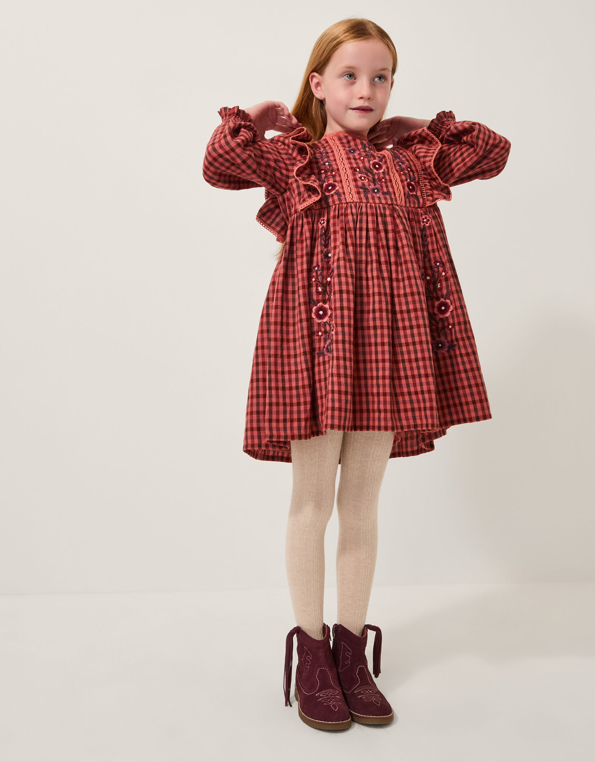 Floral Embroidered Check Dress Brown