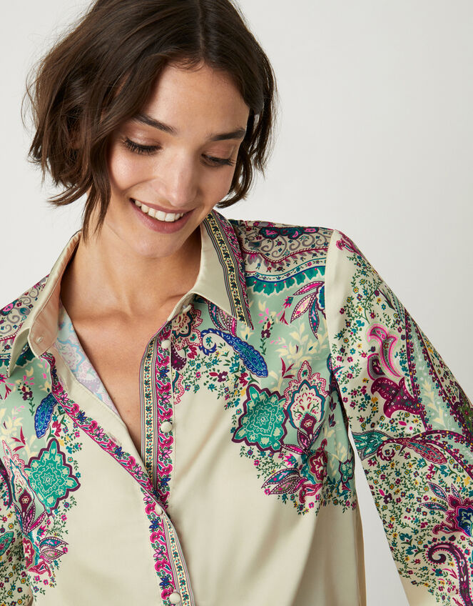 Phoebe Satin Print Shirt, Ivory (IVORY), large