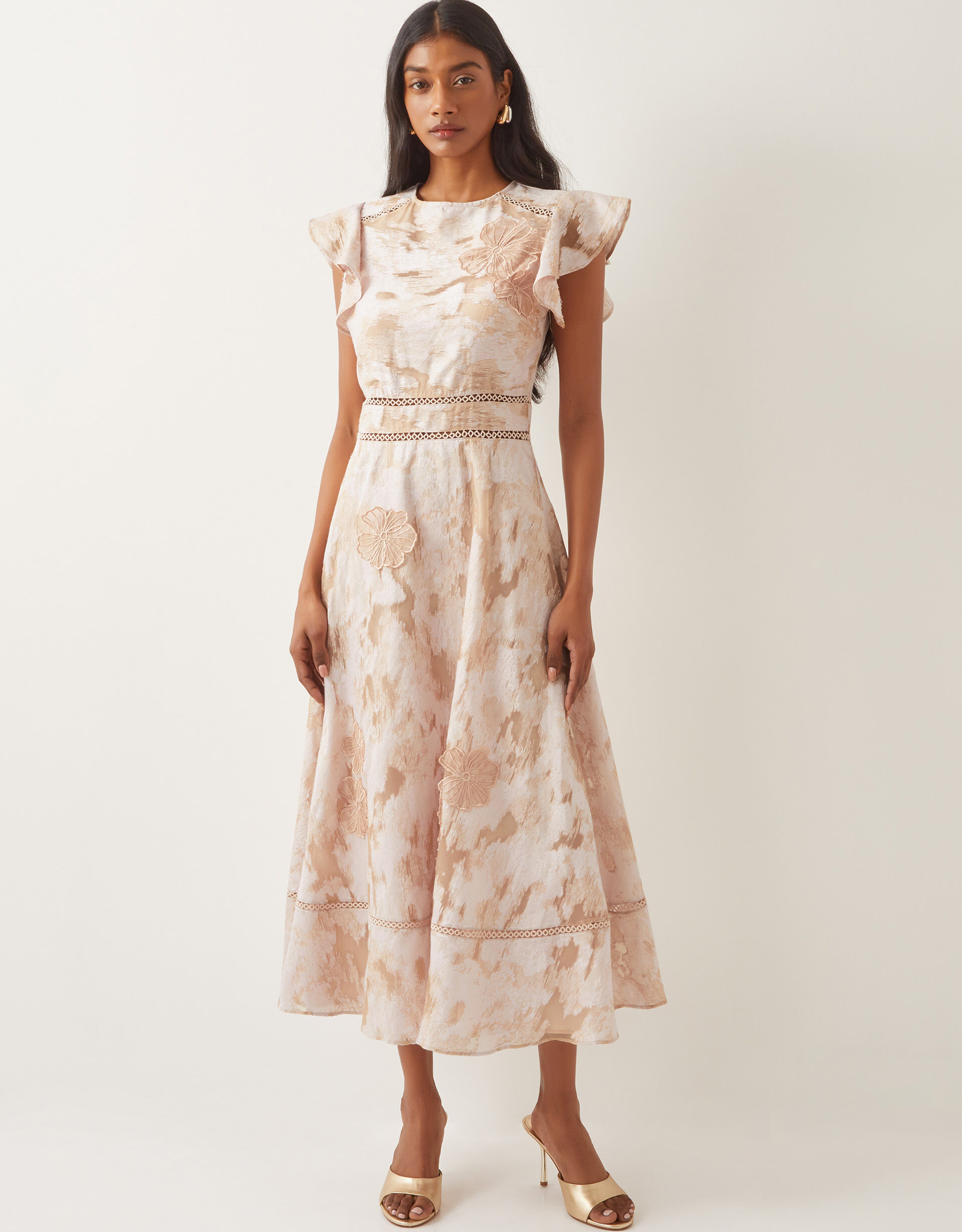 Josie Flutter Sleeve Floral Jacquard Midi Dress Pink | Evening Dresses ...