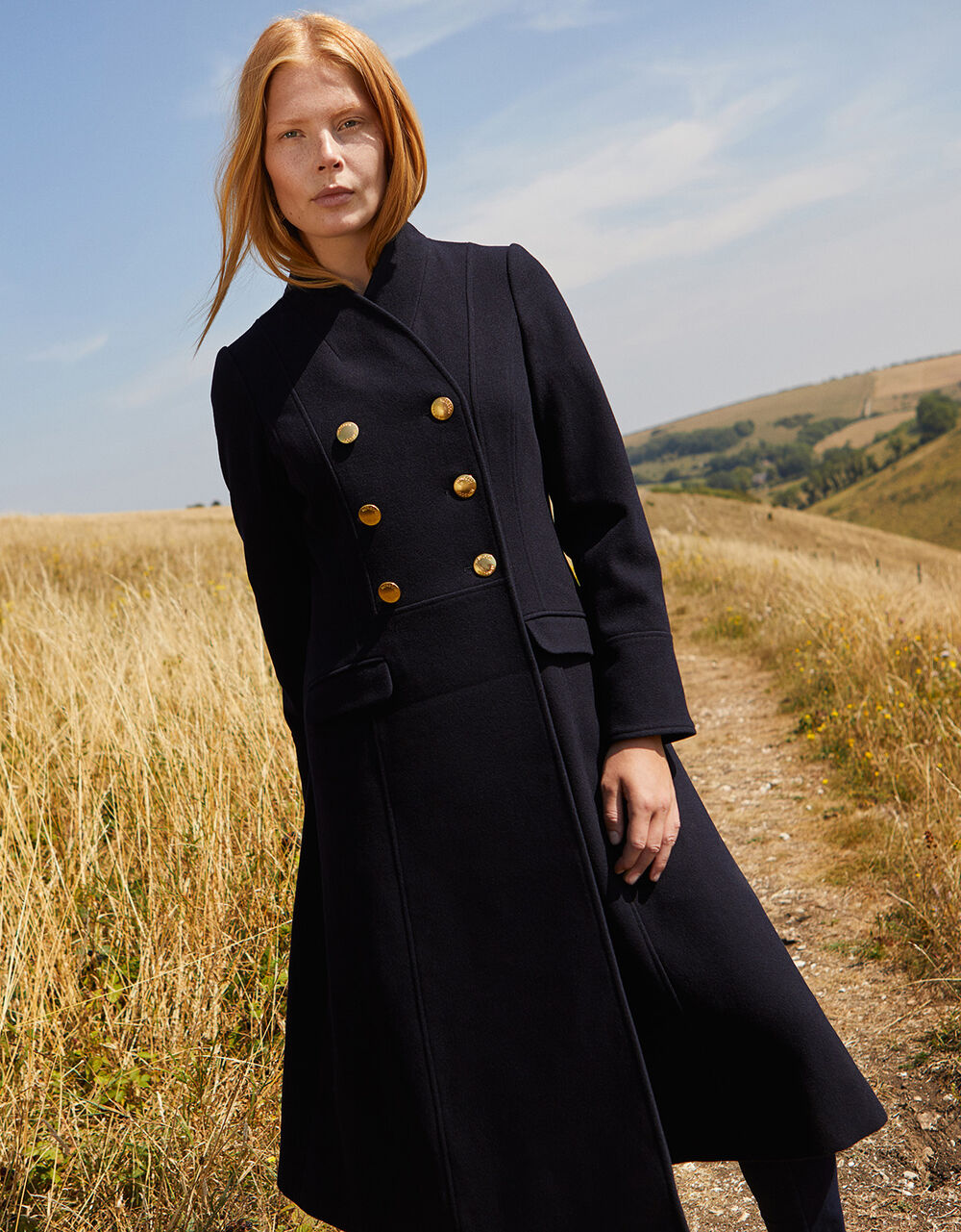 Rosaline Long Military Coat in Wool Blend Blue Women's Coats