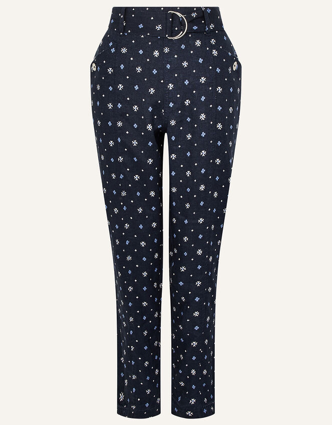 Dolly Printed Trousers in Pure Linen, Blue (NAVY), large