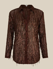 Shelby Sequin Fringe Satin Shirt, Brown (CHOCOLATE), large