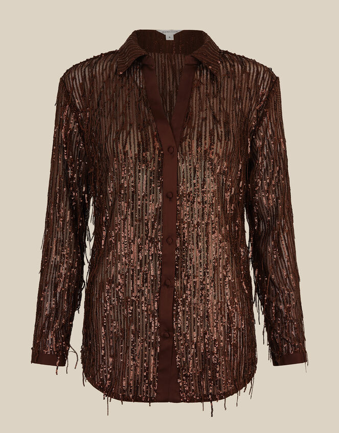 Shelby Sequin Fringe Satin Shirt, Brown (CHOCOLATE), large