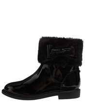 Fluffy Trim Patent Ankle Boots, Black (BLACK), large