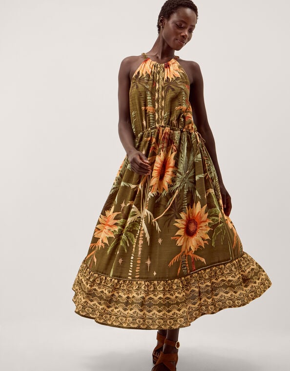 Fallon Sleeveless Tropical Print Midi Dress, Green (KHAKI), large