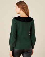 Velvet Tie Collar Knit Jumper, Green (GREEN), large