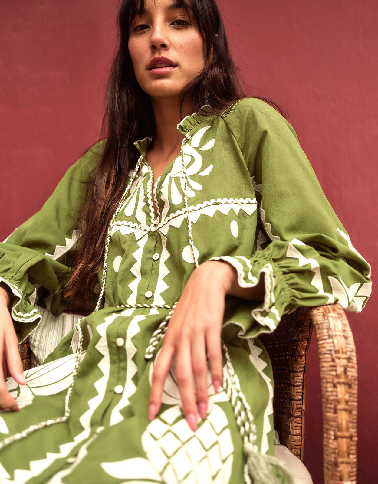 Embroidered Pineapple Applique Dress in Linen Blend Green