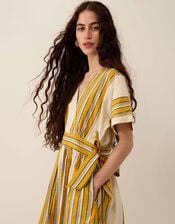 East Alana Hand-Woodblock Tonal Check Striped Midi Dress, Yellow (YELLOW), large