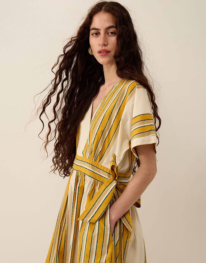 East Alana Hand-Woodblock Tonal Check Striped Midi Dress, Yellow (YELLOW), large