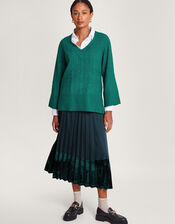 V-Neck Cable Longline Jumper, Green (GREEN), large