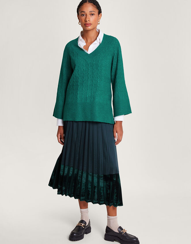 V-Neck Cable Longline Jumper, Green (GREEN), large