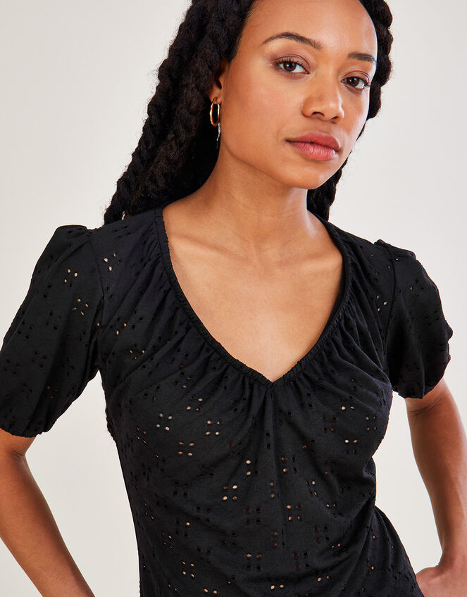 Broderie Jersey Gathered Top, Black (BLACK), large