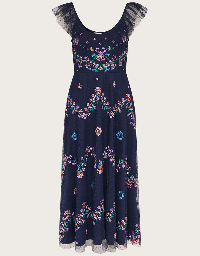 Fiorella Frill Strap Embroidered Dress, Blue (NAVY), large