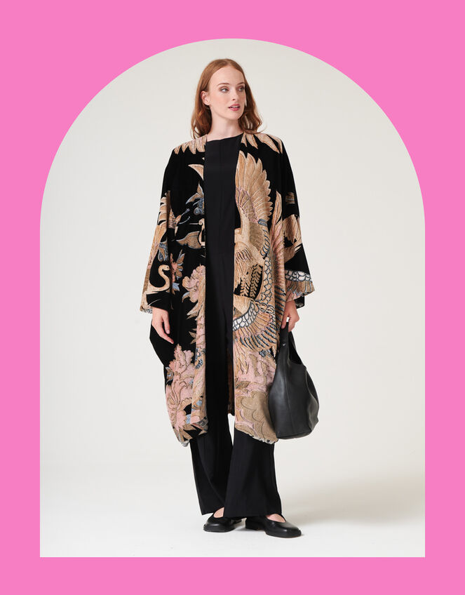 One Hundred Stars Crane Print Velvet Kimono, , large