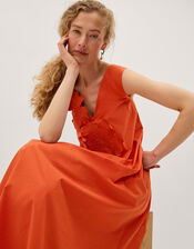 Rosalie Floral Appliqu&eacute; Cotton Midi Dress, Orange (ORANGE), large