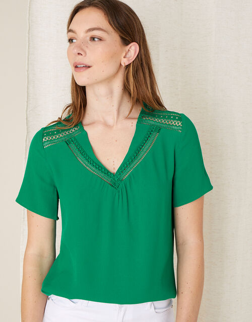Lace Trim Woven Top, Green (GREEN), large