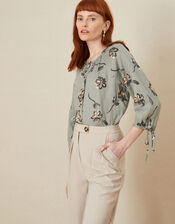 Button Through Printed Linen Blouse, Green (SAGE), large