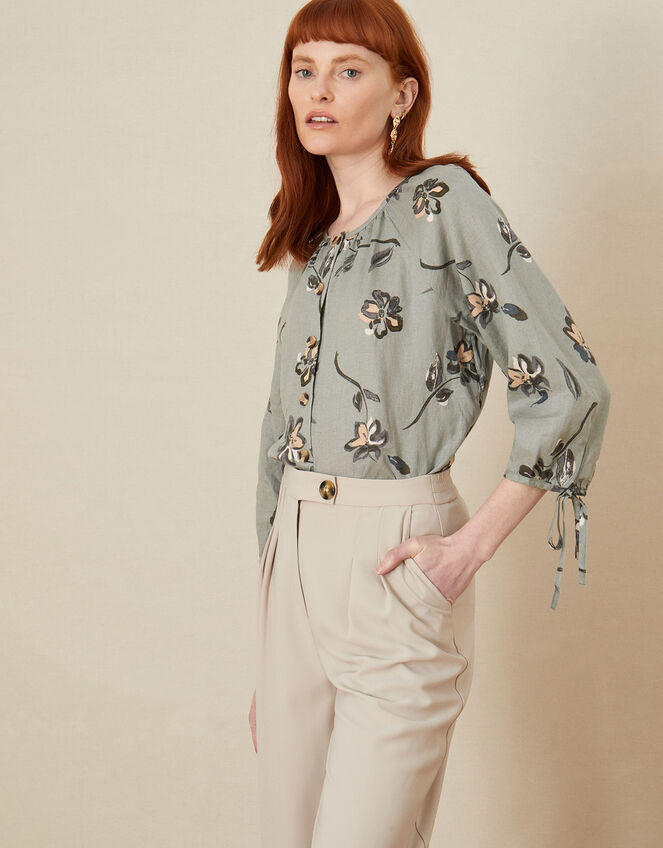 Button Through Printed Linen Blouse, Green (SAGE), large