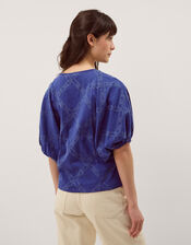 Ellie Puff Sleeve Embroidered Jersey Top, Blue (NAVY), large