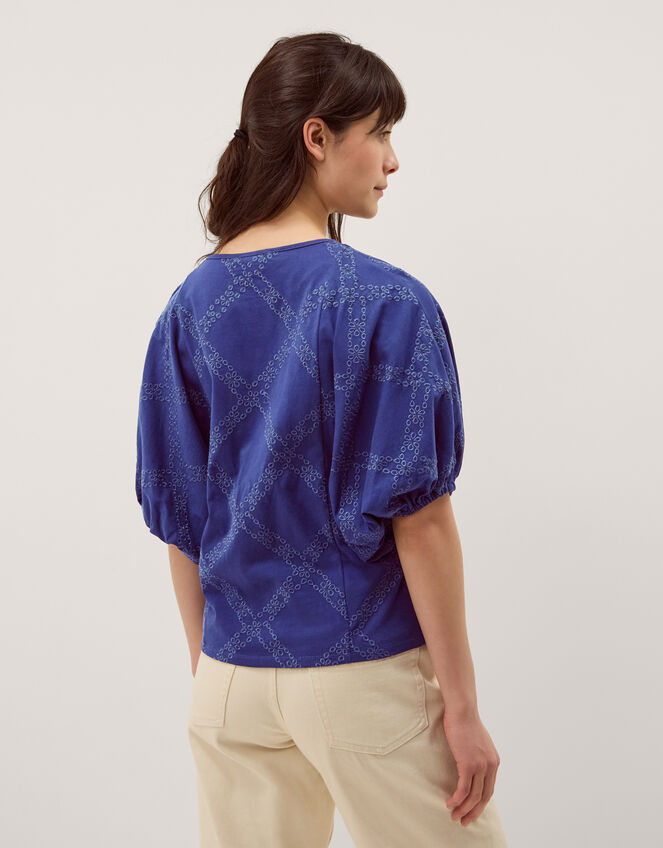 Ellie Puff Sleeve Embroidered Jersey Top, Blue (NAVY), large
