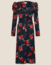 Floral Print Lace Midi Jersey Dress, Black (BLACK), large