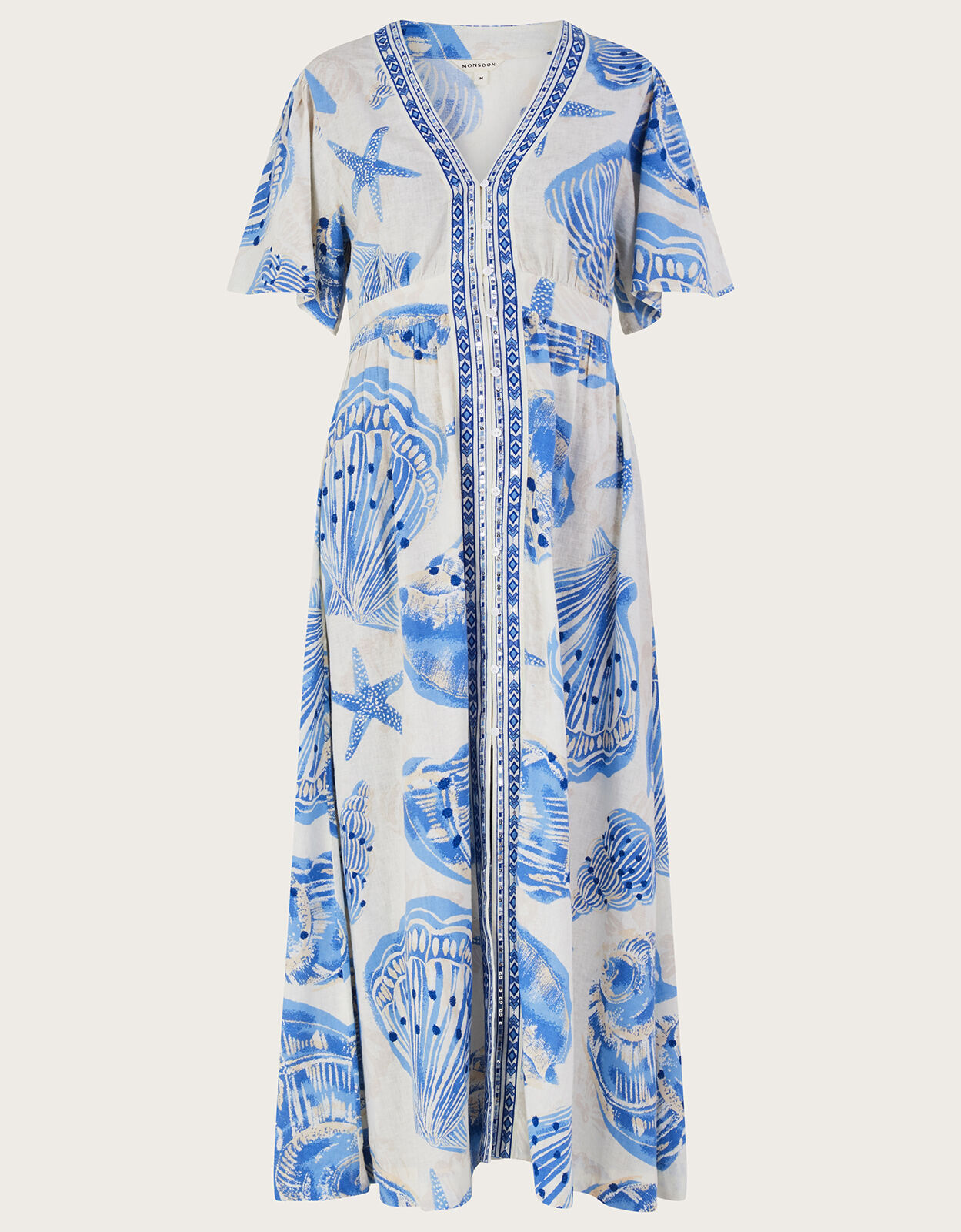 Shell Print Maxi Kaftan Dress in Linen Blend Ivory
