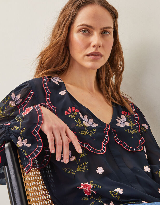 Laila Sheer Embroidered Collar Blouse, Black (BLACK), large