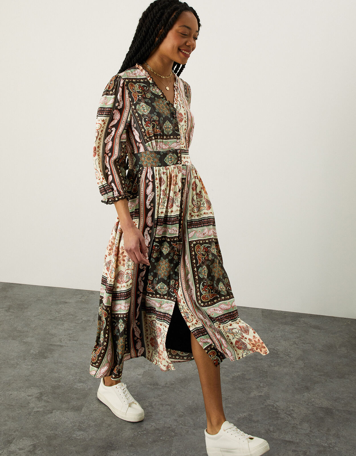 Scarf Print Shirt Dress Black