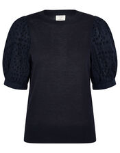 Broderie Sleeve Jumper in Linen Blend, Blue (NAVY), large