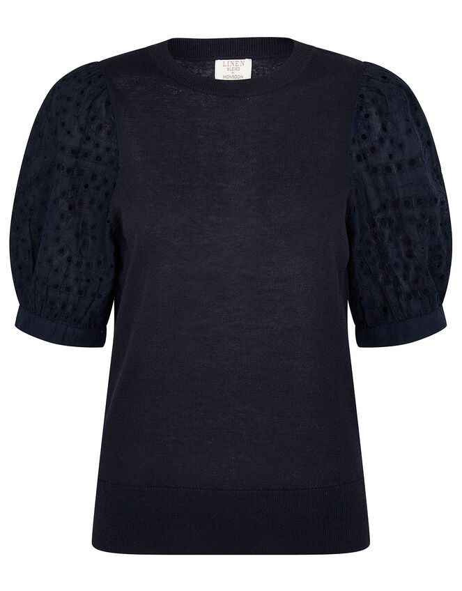 Broderie Sleeve Jumper in Linen Blend, Blue (NAVY), large