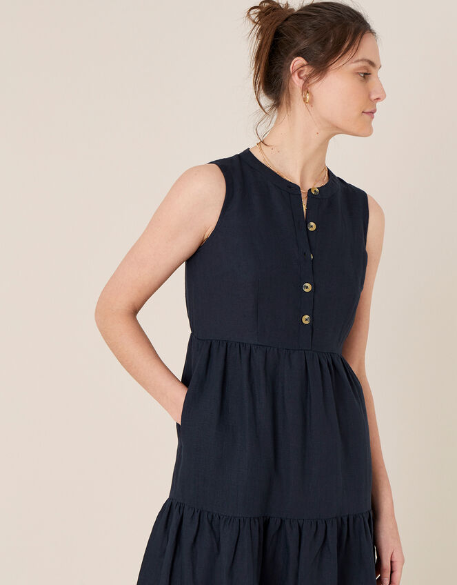 Tiered Midi Dress in Pure Linen, Blue (NAVY), large