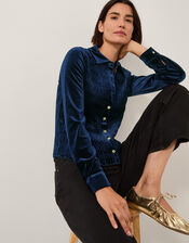 Sam Smocked Stretch Velvet Shirt, Blue (MIDNIGHT), large