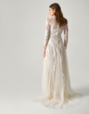 Milena Long Sleeve Floral Embroidered Mesh Wedding Dress, Ivory (IVORY), large