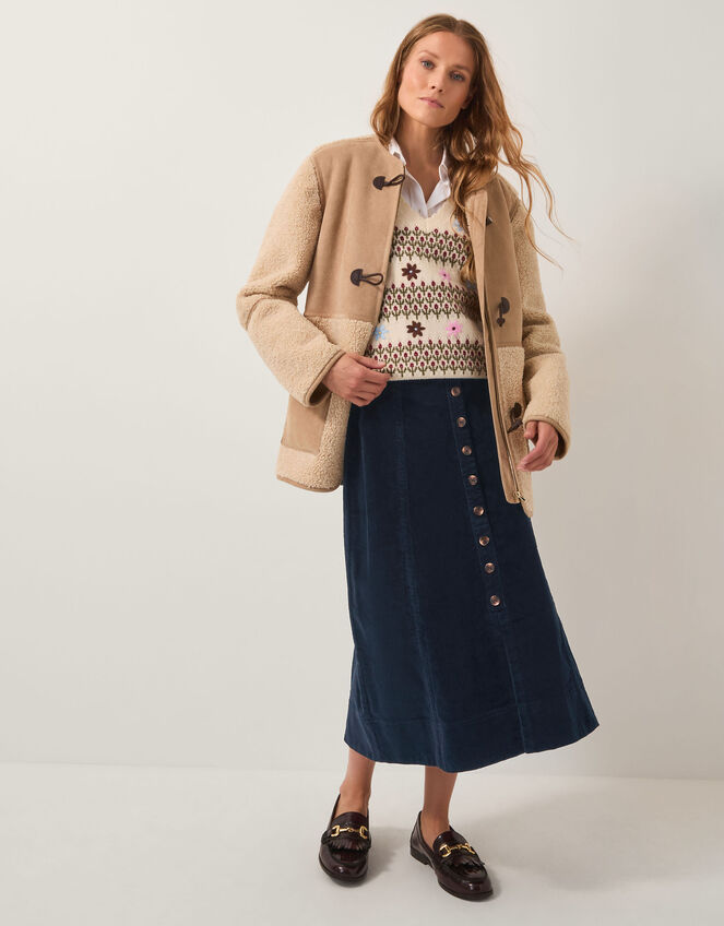 Jamie Button Corduroy Midi Skirt, Blue (NAVY), large