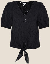 Tie Front Broderie Top, Black (BLACK), large