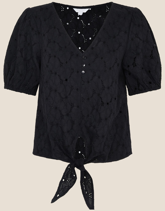 Tie Front Broderie Top, Black (BLACK), large