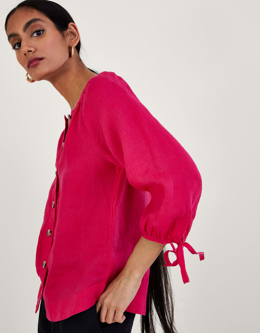 Tie Cuff Button Through Linen Blouse Pink Tops & Tshirts Monsoon UK.