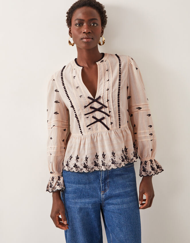 Ettie Pintuck Embroidered Blouse, Ivory (IVORY), large