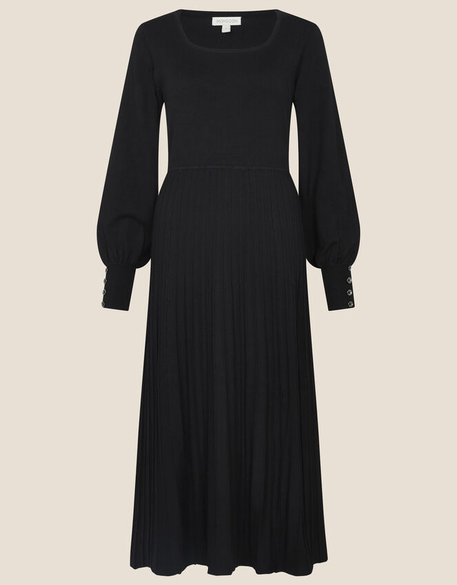 Square Neck Pleated Dress, Black (BLACK), large